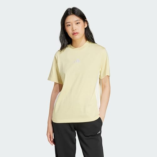 adidas Damen Essentials 3-Stripes Cotton T-Shirt, Powder Yellow/White, M