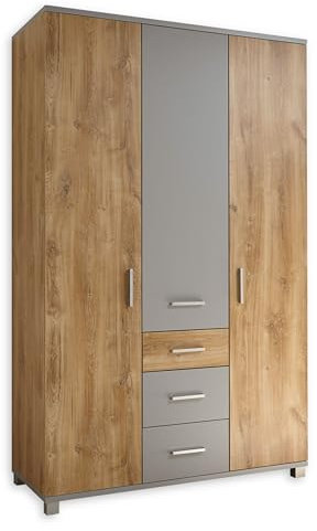 LARISSA Babyzimmer Kleiderschrank in Bolton Oak Optik / Arktisgrau - Vielseitiger Drehtürenschrank mit viel Stauraum - 120 x 195 x 53 cm (B/H/T)