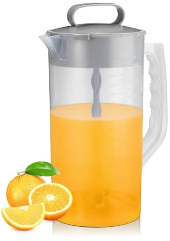 NONDK Pichet mélangeur de 2 litres en plastique gris avec couvercle, lames inclinées et piston réglable