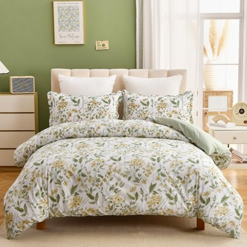DJY Green Duvet Cover Double Floral Bedding Set, Reversible Lightweight Leaves Bedding Sets 3PCS with Zipper Closure (Double, 200x200cm)