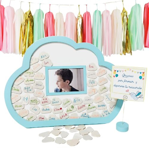 Didart Handmade Libro de firmas comunion niña con Foto. Marco de Madera. 50 Nubes para Firmar. Regalo de comunión, Bautizo, cumpleaños y Aniversario. Recuerdos de comunion (Verde Claro)