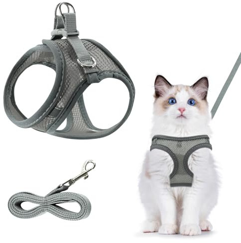 Atmungsaktiv Katzengeschirr - Grau Reflektierend Set, Verstellbar Ausbruchsicher Mit Leine für im Freien (XS)
