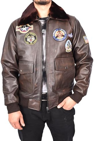 Divergent Retail Men's Classic Top Gun Aviator Leather Jacket Air Force Style Brown Valter (UK, Alpha, L, Regular, Regular, Brown)