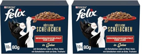 Felix Köstliche Scheibchen Katzenfutter nass in Gelee, Geschmacksvielfalt vom Land, 12er Pack (6 x 10 Beutel à 80g)