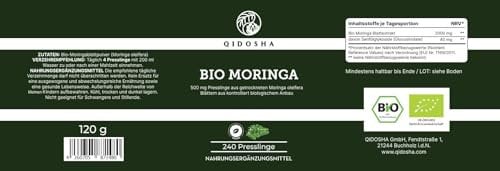 QIDOSHA® Bio Moringa oleifera Presslinge hochdosiert, 240 Stk im Apothekerglas, 2000mg je Tagesportion, 100% naturrein und schonend verarbeitet (240 Presslinge, 240 Presslinge mit 500mg)