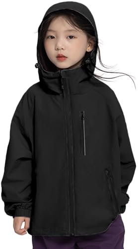 Rolanko Veste Imperméable à Capuche pour Filles, Manteau de Pluie Léger Coupe-vent Vêtements de Pluie pour Garçons de 7 à 14 Ans, Noir, Taille : 160/11-12 ans