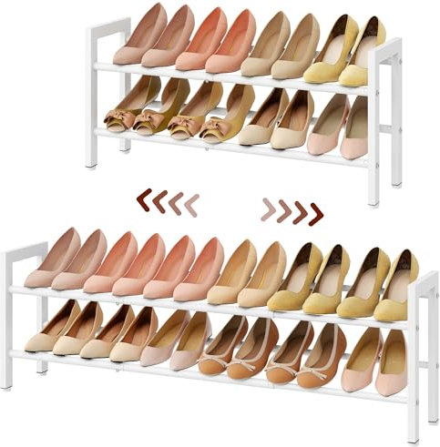 FAVOOSTY 2 Tier Shoe Rack Extendable Metal, Small Shoe Storage Organizer for Closet Inside Wardrobe, Slim Shoe Stand Shelf for Narrow Space Under Stairs Hallway, White