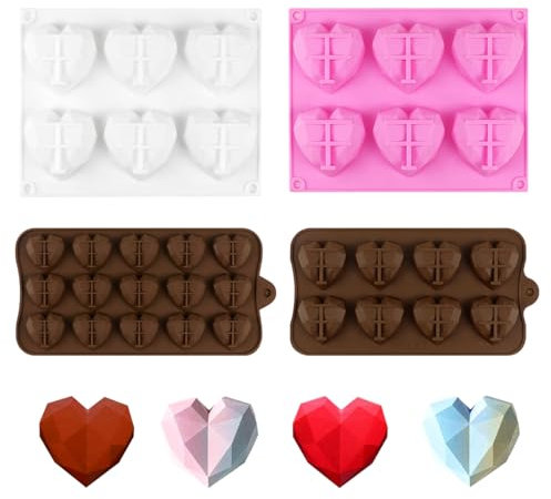 Vexran Set di 4 stampi in silicone a forma di cuore, con diamante 3D, 6 cavità, 8 cavità e 15 cavità, stampi per cioccolatini, cioccolatini, mousse, gelati, muffin e molto altro ancora