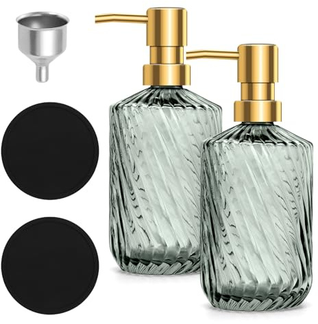 2er-Set Seifenspender Glas 450 ml mit 2 schwarzen Untersetzern & 1 Trichter – Nachfüllbarer Soap Dispenser für Küche & Bad, Grün