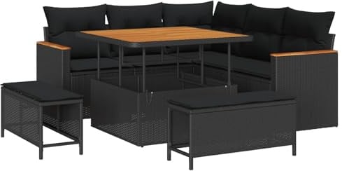vidaXL Garten-Sofa-Set mit Kissen 8 pcs Schwarz Poly Rattan, Garten- und Terrassenmöbel, rechteckig, modern, verstellbar, modular, langlebiges Rattan-Dining-Set, für die Terrasse