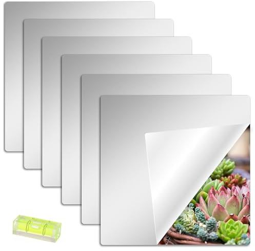 6 Stück Selbstklebende Fliesenspiegel Spiegel mit Wasserwaage zum Kleben, 30 x 30 cm Acryl HD Flexible Spiegelfolien Spiegelaufkleber für Wand, Schule, Zuhause, Wohnzimmer, Badezimmer, Schlafzimmer