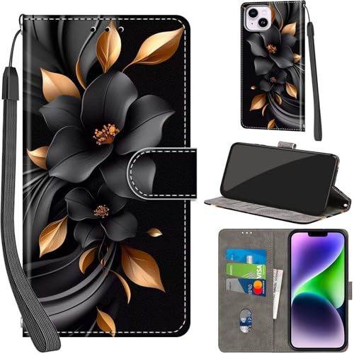 Haninsuze Phone Case for iPhone 14 Plus 6.7-inch, Leaves flowers | 3 Card Slots, Magnetic Closure, Kickstand, Shockproof, PU Leather, Wallet Book Flip, Lanyard Strap