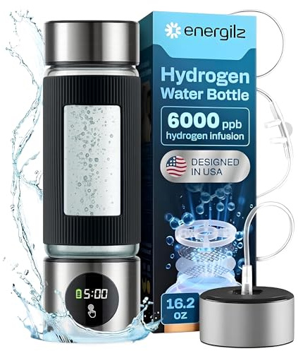 ENERGILZ Bottiglia d'acqua idrogeno | Generatore di acqua idrogeno da 480 ml | Macchina idrogenatore 6000 PPB | Generatore ionizzatore SPE/PEM (argento)