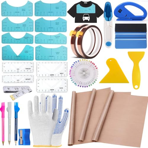 QUKLOGEN Sublimations Shirt Werkzeug Set 68 Pcs T Shirt Lineal Leitfaden Kit mit 3 Stück Teflonfolie für Hitzepresse,2 Rollen hitzebeständiges Klebeband,für nähzubehör Plotter zubehör