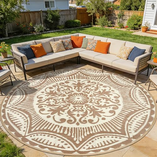 Capslpad Outdoor Teppich rund Ø 300 cm, Balkon Teppich, Kunststoff Camping Teppich, Leichtgewicht Picknickdecke, Vorzeltteppich Outdoorteppich für Balkon, Picknick, Camping, Garten, Beige
