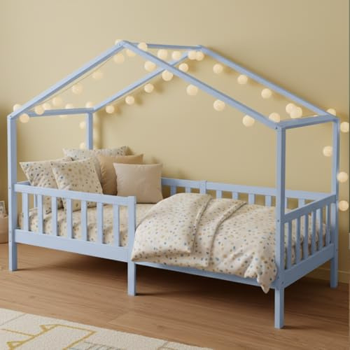 Bellabino Bia Kinderbett 90x200 cm, Hausbett, Blau, mit Rausfallschutz | Montessori Holzbett aus Massivholz Kiefer, mit Lattenrost, für Jungen & Mädchen, Kinderzimmermöbel, Bettgestell, Holzrahmen