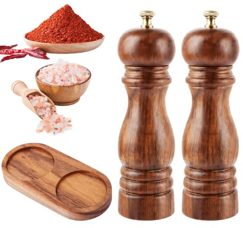 DAJAVE 3er Salz und Pfeffermühle Holz Set 20cm Pfeffermühle Holz Groß Keramikmahlwerk Gewürzmühle Salzmühle mit untersetzer Verstellbarem für Pfeffer Salz Gewürze Höhe