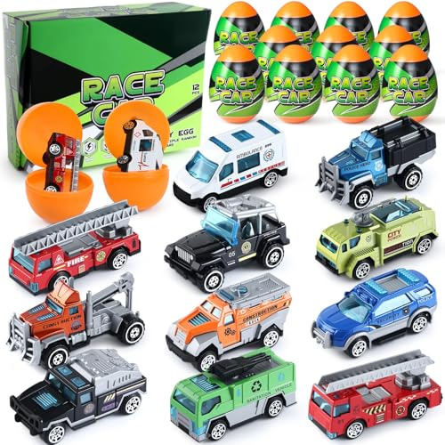 Auto Spielzeug Set Überraschungsei Stadtautos und Lastwagen Druckgussauto 12 Stück Spielzeugfahrzeug Blindboxen Überraschungsei Zurückziehen Fahrzeuge Ostern Geburtstag Geschenk für Kinder ab 3+ Jahre