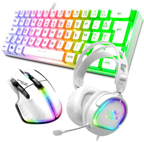 Spirit Of Gamer, Pack Clavier Souris Gamer Filaire RGB + Casque, Clavier Semi-Mecanique, Format Compact TKL 60%, Souris 12800 DPI avec 8 Boutons Programmables, Casque Gaming avec Micro Son Stéréo 2.0