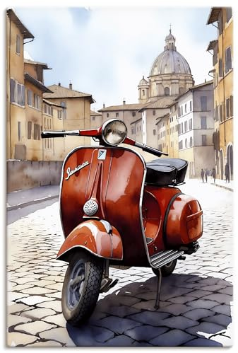 ARTLAND Wanddeko Leinwand Bilder Wandbild 40 x 60 cm Rote Vespa in Rom Italien Aquarell Kunstdruck Vintage Motorroller Deko U6EO