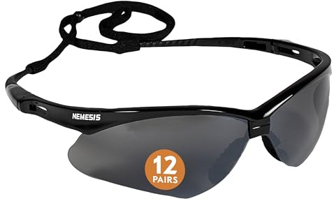 KleenGuard™ V30 Nemesis™ Safety Glasses (25688), with Mirror Coating, Smoke Lenses, Black Frame, Unisex Sunglasses for Men and Women (Qty 12)