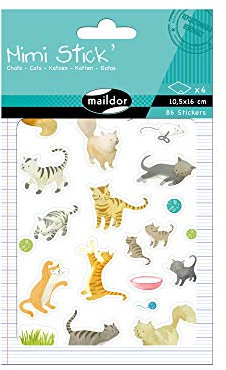 Maildor AE018O Packung mit 86 Stickers Mini Stick, sind ideal für Kinder ab 5 Jahren, 4 Blätter in Format DIN A6, 10,5x 14,8 cm, Katze