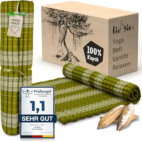 livasia Rollmatte XXL breit Doppelbett - 200x145x4,5cm - Gästebett Gästematratze 2 Personen mit Muster, Reisebett für Kofferraum und outdoor, Thaimatte Kapok Garten und Balkon (Grün)