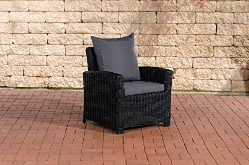 CLP Polyrattan Garten-Sessel FISOLO mit Armlehnen, 5 mm Rund-Rattan, ALU Gestell, Farbe:schwarz, Polsterfarbe:Eisengrau