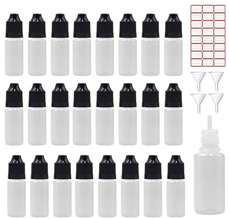 XIAONAN 50 x 10ml Leerflaschen Liquidflaschen Plastikflaschen Dropper Kunststoff Tropfflaschen + 10 Trichter (Flaschen + Schwarzen Kappen + Spitzen + Trichter + Leere Etiketten)