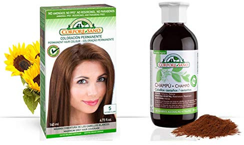Pack Coloracion CASTAÑO CLARO 5 Permanente 140ml + Champu Henna CASTAÑO 300ml - Tinte sin amoníaco, resorcinol ni parabenos. Los champús a la Henna potencian la durabilidad del color