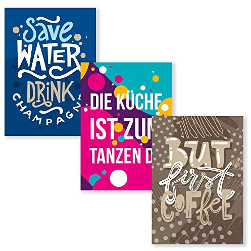 ThermoTasty 3x Premium Poster Set Kitchen Affair stilvolle Wanddeko für die Küche, Definition Spruch (DIN A4) bunt