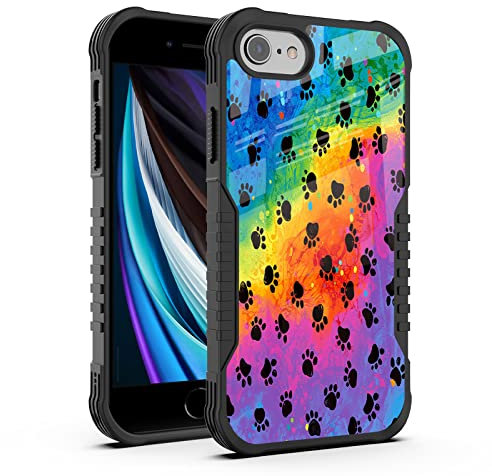 FJyuanqi for iPhone SE 2022/2020 Case Men Women, Rainbow Black Purple Dog Paw Design Heavy Duty Shockproof Hard Plastic Bumper +Soft Silicone Rubber Protective Case for iPhone 7/8/6/6s/SE 3rd 2nd