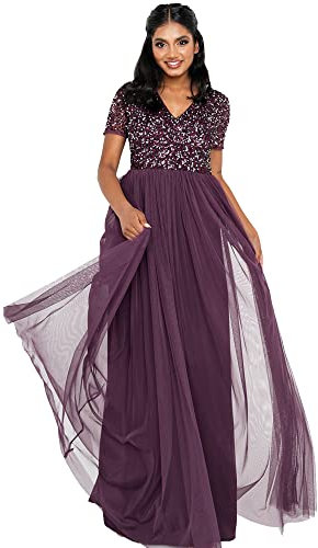 Maya Deluxe Women's Ladies Dress for Wedding Guest Plus Size Empire High Waist Sequins Short Sleeve Evening Bridesmaid, Berry, 10