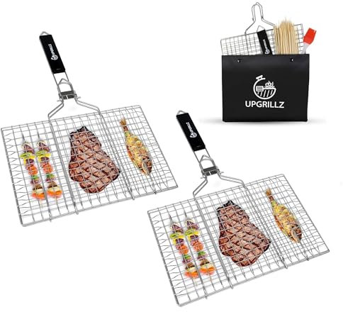 Tragbarer BBQ Fisch Grillkorb für Outdoor Grill, Rostfreier 430 Edelstahl mit abnehmbarem und faltbarem Griff, inklusive 50 Bambusspieße, Backpinsel und Tragetasche (2 Stück)