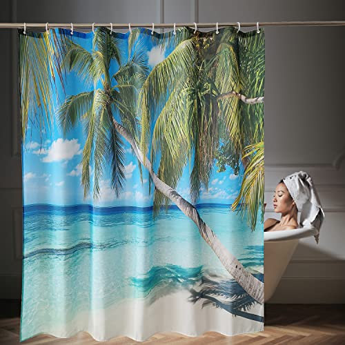 WedDecor Badezimmer-Duschvorhang, wasserdicht, schimmelresistent, strapazierfähig, 100 % Polyestergewebe, Vorhänge mit 12 Vorhanghaken, 180 cm x 180 cm, tropische Palme
