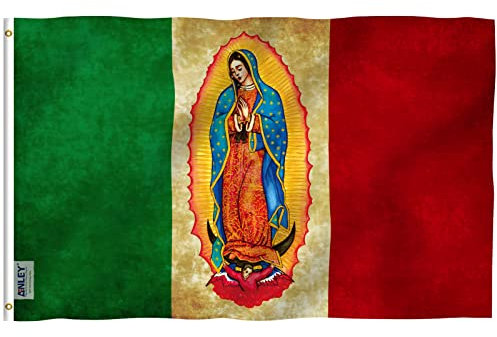 Anley Fly Breeze Bandera mexicana de Nuestra Señora Virgen de Guadalupe de 3 x 5 pies, cabecera de lona y doble costura, banderas de la Virgen María de poliéster con ojales de latón de 3 x 5 pies