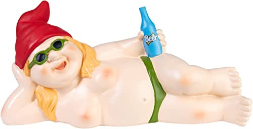 BRUBAKER Gartenzwerg Frau Nackt Liegend - FKK Zwergen Dame mit Bier Sonnenbrille - freizügige Gartenfigur Lustig - Dekoration Wetterfest für Garten Campingplatz - Gartendeko für außen - 24 cm