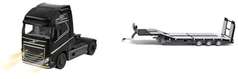 siku 6731, Volvo FH16 LKW, 1:32, Metall/Kunststoff, Schwarz & 6744, 3-Achs Tieflader, Nooteboom Eurotrailer, 1:32, Schwarz/Silber, Metall/Kunststoff, Elektronische Laderampe, 4 LEDs am Heck