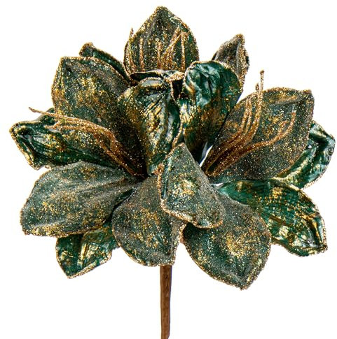 Oairse 3 flores de Pascua artificiales grandes de Navidad con purpurina, 3 cabezas, de 64 cm de tallo largo, adornos de Navidad verdes para decoración de árbol de Navidad, arreglos florales, centro de