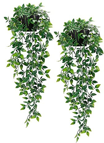 HMIEPRS 2 Piezas Plantas Artificiales Colgantes, Plantas Falsas Mandala en Maceta, Plantas Artificiales Colgantes de Plástico, Hojas Verdes Falsas Decoración de Pared para Interiores Exteriores Jardín