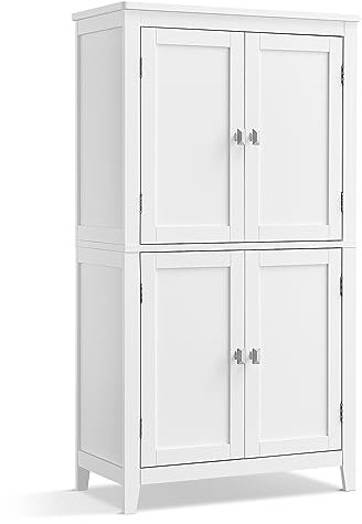 VASAGLE Mueble de Baño, Armario de Baño, Armario de Cocina, Armario Almacenaje con 4 Puertas, Estantes Regulables, 30 x 60 x 110 cm, Blanco BBC552P31