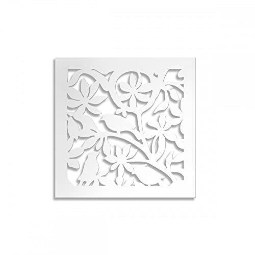 Tableau ajouré pour décoration modèle fleurs oiseaux – Panneau en PVC perforé – Pare-soleil couleur blanc 73 x 73 cm