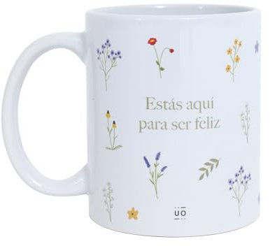 UO Taza de regalo con mensaje Estás aquí para ser feliz, regalo para amigas, regalo original para Amigo Invisible, regalo divertido para Navidad, 350 ml, Cerámica