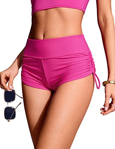 CRZ YOGA Femmes Short de Bain Taille Haute à Fronces Latérales Ajustables Respirant Natation Bas de Maillot Hibiscus Violet 38