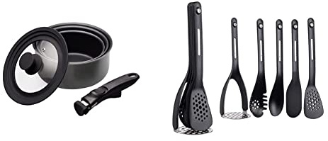 MasterClass Smart Space Saucepans, Non-Stick Saucepans for All Hobs, 5-Piece Set, Grey & Magnetic Kitchen Utensil Set, Black, Pack of 5,9 x 9 x 30 cm, Pack of 5