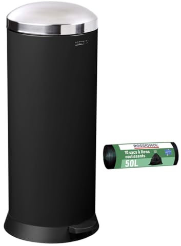Poubelle de cuisine à pédale et 10 sacs-poubelle. Capacité 30L, Fabrication française, Fermeture silencieuse, Seau intérieur amovible BOMBA ROSSIGNOL