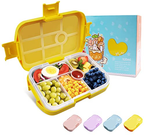 Homtibrm Bento Lunch Box, 920ML Kids Lunch Box with 6 Compartments Snack Salad Box Food Container for Childrens Girls Boys Adults Work School, Microwave Freezer & Dishwasher Safe (Yellow)
