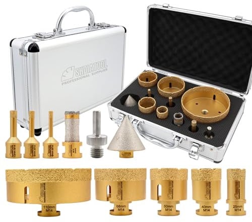 SHDIATOOL Punte diamantate M14 Filettatura 6/8/10/25/40/50/68/110mm/20 Punte da trapano a dito/50mm Punte di smusso diamantato/Adattatore gambo triangolare per gres porcellanato Marmo granito ceramico