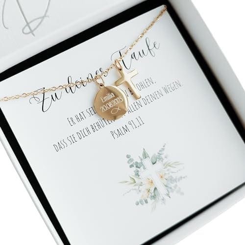 Generisch Taufkette mit Gravur - Kreuz und Plättchen als Taufgeschenk | Personalisiert für Mädchen und Jungen, 316L Edelstahl, 35–40 cm, Karte & Geschenkbox
