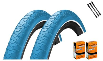 2er Set Continental Fahrradreifen Contact Plus Blau 28 Zoll (42-622) Reflex AV DV SV Schlauch + 3 Reifenheber E Bike Blue (28x1.60 (42-622), SV-Ventil Schläuche)